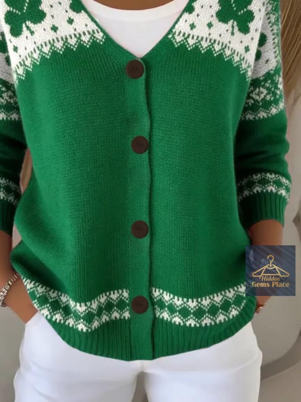 Funny Shamrock Graphic V-Neck Button Down Cardigan Sweater Long Sleeve Open - Picture 2 of 2